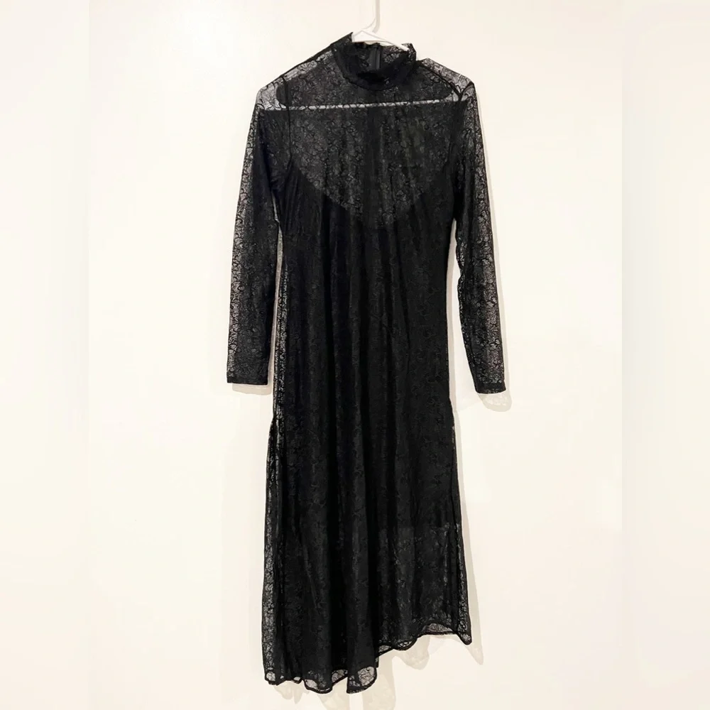 NWT All Saints Hanna Lace Black Asymmetrical Mock Neck Midi Dress Size US 8 - Picture 8 of 16